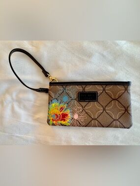 Nine West Brown Monogram Wristlet with Multicolor Floral Detail